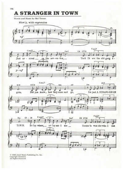 Picture of A Stranger in Town, Mel Torme, popularized by Mel Torme and the Mel Tones, sheet music