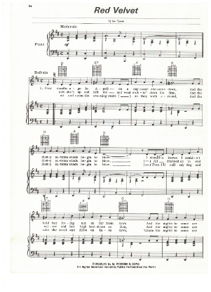 Picture of Red Velvet, Ian Tyson, recorded by Johnny Cash, sheet music