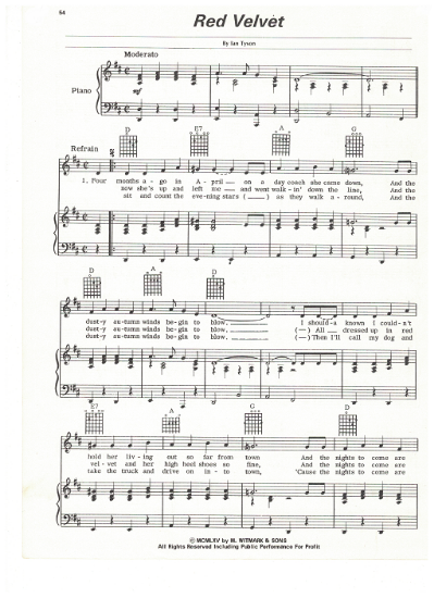 Picture of Red Velvet, Ian Tyson, recorded by Johnny Cash, sheet music
