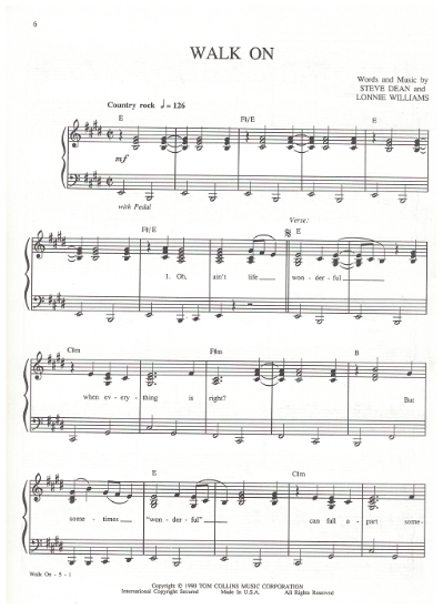 Picture of Walk On, Steve Dean & Lonnie Williams, recorded by Reba McEntire, sheet music