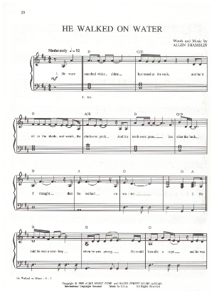 Picture of He Walked on Water, Allen Shamblin, recorded by Randy Travis, sheet music