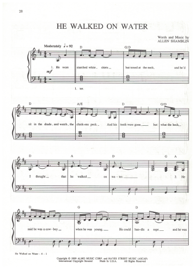 Picture of He Walked on Water, Allen Shamblin, recorded by Randy Travis, sheet music