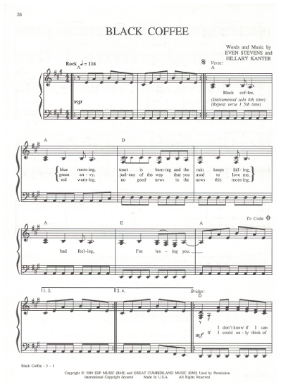 Picture of Black Coffee, Even Stevens & Hillary Kanter, recorded by Lacy J. Dalton, sheet music