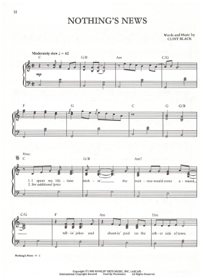 Picture of Nothing's News, written & recorded by Clint Black, sheet music
