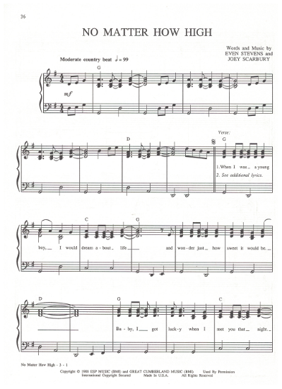 Picture of No Matter How High, Even Stevens & Joey Scarbury, recorded by The Oak Ridge Boys, sheet music