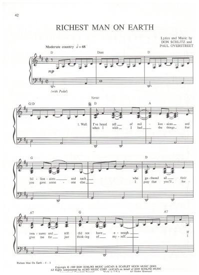 Picture of Richest Man on Earth, Don Schlitz & Paul Overstreet, recorded by Paul Overstreet, sheet music