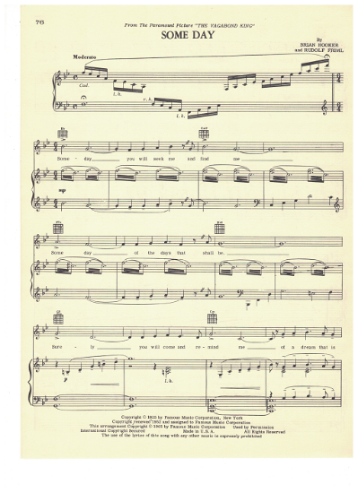Picture of Some Day, from movie "Vagabond King", Brian Hooker & Rudolf Friml, recorded by Mario Lanza, sheet music