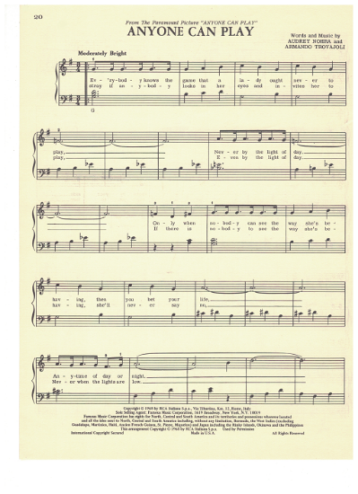 Picture of Anyone Can Play, movie title song, Audrey Nohra & Armando Trovajoli, sheet music