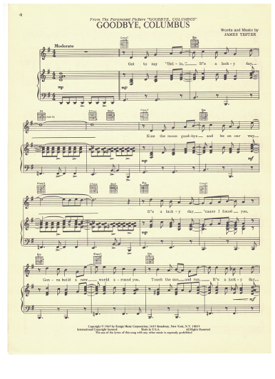 Picture of Goodbye Columbus, movie title song, James Yester, recorded by The Assiciation, sheet music