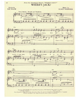 Picture of Where's Jack, movie title song, Don Black & Elmer Bernstein, recorded by Mary Hopkin, sheet music