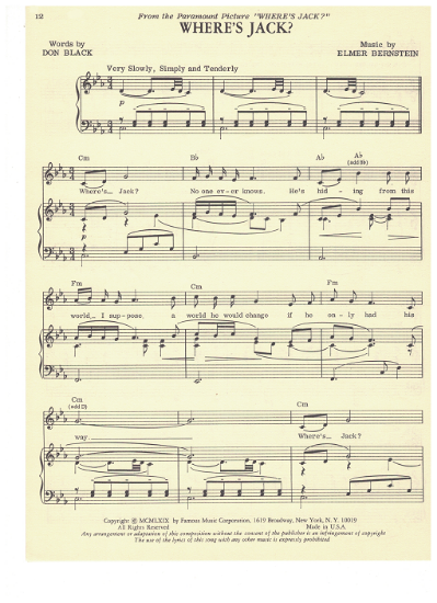 Picture of Where's Jack, movie title song, Don Black & Elmer Bernstein, recorded by Mary Hopkin, sheet music