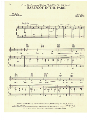 Picture of Barefoot in the Park, movie title song, Johnny Mercer & Neal Hefti, sheet music