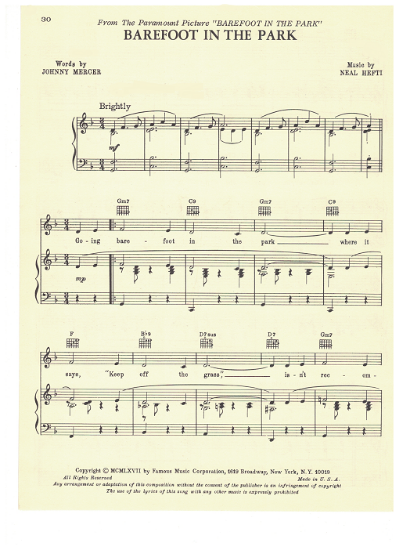 Picture of Barefoot in the Park, movie title song, Johnny Mercer & Neal Hefti, sheet music