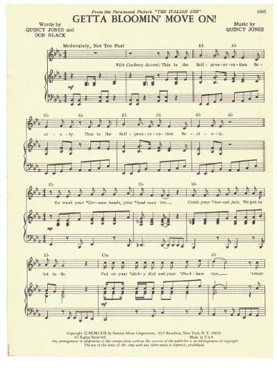 Picture of Getta Bloomin' Move On, from movie "The Italian Job", Don Black & Quincy Jones, sheet music