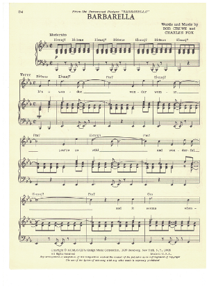 Picture of Barbarella, movie title song, Bob Crewe & Charles Fox, recorded by Bob Crewe & The Glitterhouse, sheet music