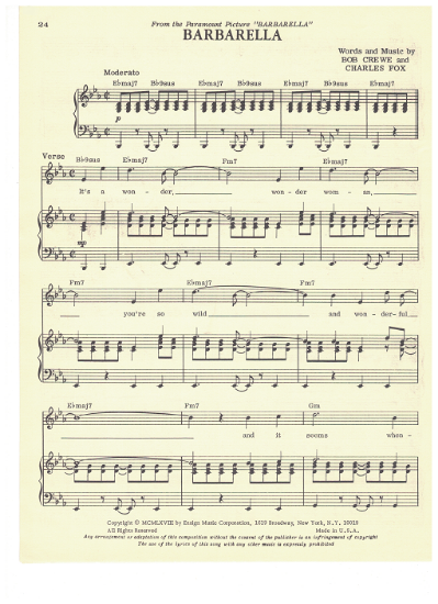 Picture of Barbarella, movie title song, Bob Crewe & Charles Fox, recorded by Bob Crewe & The Glitterhouse, sheet music