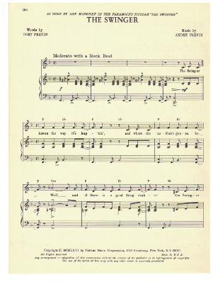 Picture of The Swinger, movie title song, Dory & Andre Previn, recorded by Ann Margaret, sheet music