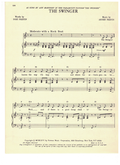 Picture of The Swinger, movie title song, Dory & Andre Previn, recorded by Ann Margaret, sheet music