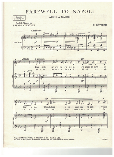 Picture of Addio a Napoli (Farewell to Napoli), T. Cottrau, recorded by Benjamin Gigli