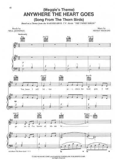 Picture of Anywhere the Heart Goes (Meggie's Theme), from TV series "The Thorn Birds", Henry Mancini, sheet music