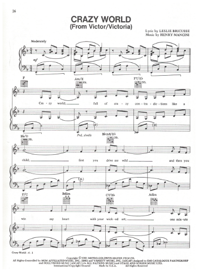 Picture of Crazy World, from movie "Victor/Victoria", Leslie Bricusse & Henry Mancini, sheet music