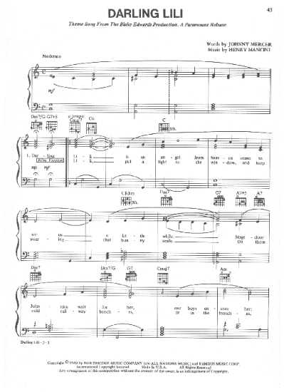 Picture of Darling Lili, movie title song, Johnny Mercer & Henry Mancini, sheet music