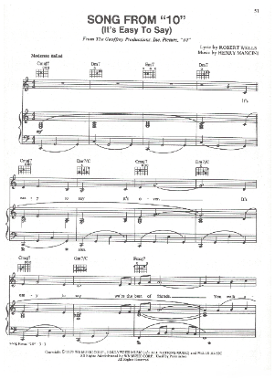 Picture of Song from "10" (It's Easy to Say), from movie "10", Robert Wells & Henry Mancini, pdf copy 