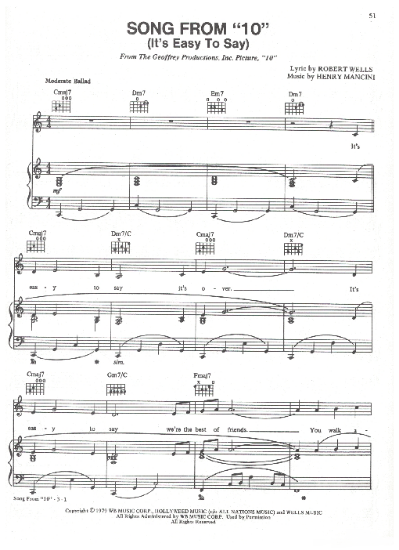 Picture of Song from "10" (It's Easy to Say), from movie "10", Robert Wells & Henry Mancini, sheet music