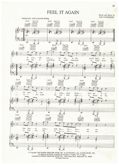 Picture of Feel it Again, Ray Cockburn, recorded by Honeymoon Suite, sheet music