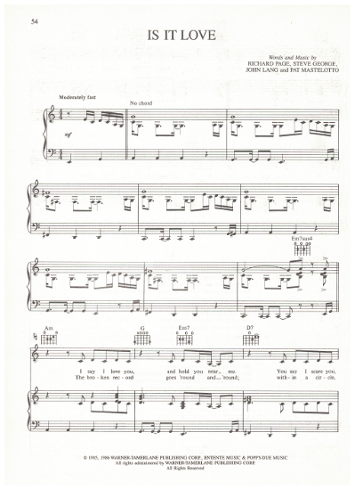 Picture of Is It Love, Richard Page et al, recorded by Mr. Mister, sheet music