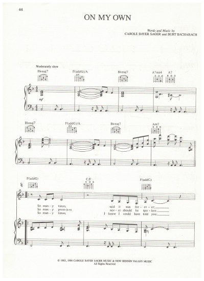 Picture of On My Own, Carole Bayer Sager & Burt Bacharach, recorded by Patti LaBelle & Michael McDonald, sheet music