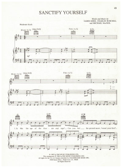 Picture of Sanctify Yourself, James Kerr/ Charles Burchill/ Michael MacNeil, recorded by Simple Minds, sheet music