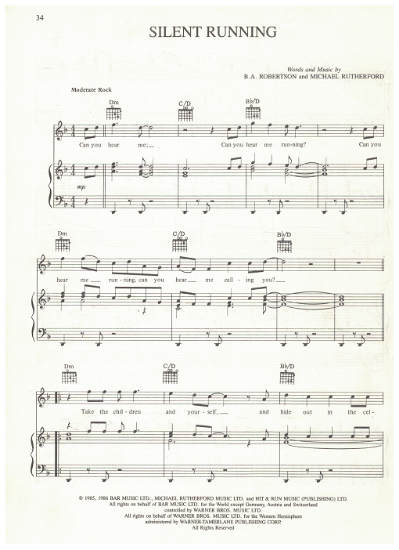 Picture of Silent Running, B. A. Robertson & Michael Rutherford, recorded by Mike & The Mechanics, sheet music
