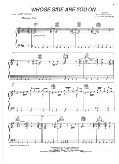 Picture of Whose Side Are You On, from movie "The Rose", Ken Hopkins & Charlie Williams, sung by Bette Midler, sheet music
