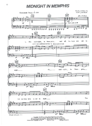 Picture of Midnight in Memphis, Tony Johnson, from movie "The Rose", sung by Bette Midler, sheet music
