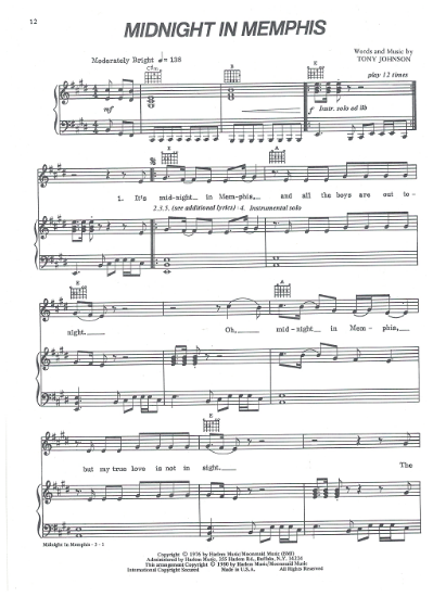 Picture of Midnight in Memphis, Tony Johnson, from movie "The Rose", sung by Bette Midler, sheet music