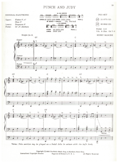 Picture of Punch and Judy, from movie "Charade", Henry Mancini, organ solo, sheet music