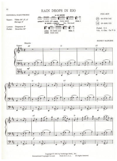 Picture of Rain Drops in Rio (Mambo), from movie "The Days of Wine and Roses", Henry Mancini, organ solo, sheet music