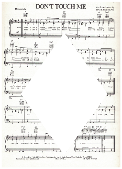 Picture of Don't Touch Me, Hank Cochran, recorded by T. G. Sheppard, sheet music