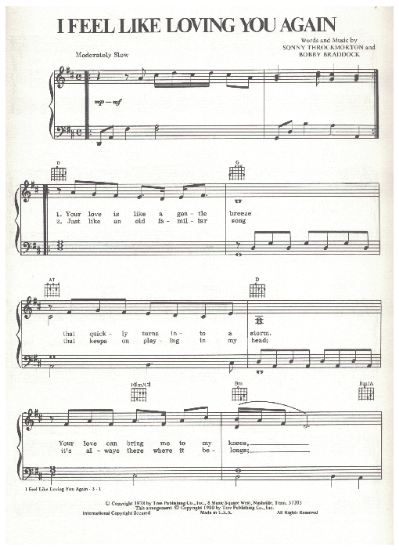 Picture of I Feel Like Loving You Again, Sonny Throckmorton & Bobby Braddock, recorded by T. G. Sheppard, sheet music