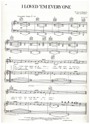 Picture of I Loved 'Em Every One, Phil Sampson, recorded by T. G. Sheppard, sheet music