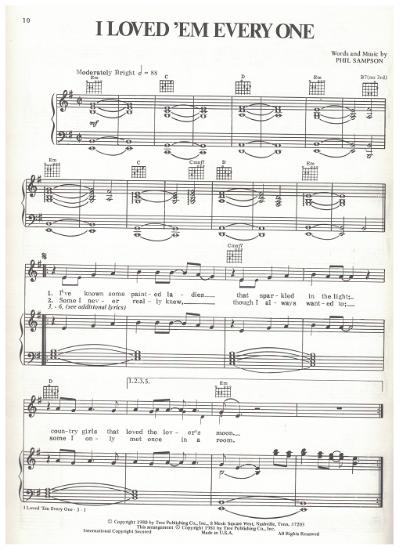 Picture of I Loved 'Em Every One, Phil Sampson, recorded by T. G. Sheppard, sheet music