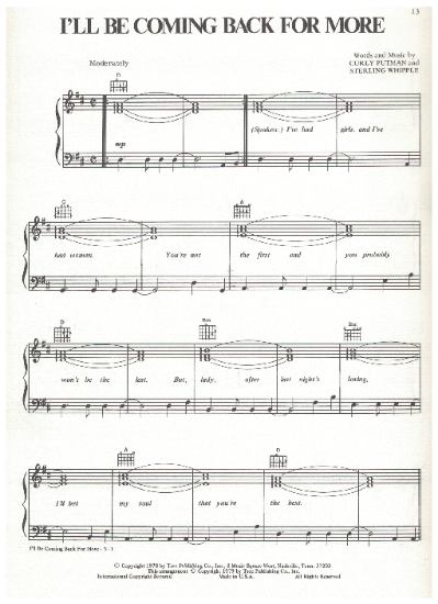 Picture of I'll Be Coming Back for More, Curly Putman & Sterling Whipple, recorded by T. G. Sheppard, sheet music