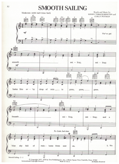 Picture of Smooth Sailing, Sonny Throckmorton & Curly Putman, recorded by T. G. Sheppard, sheet music