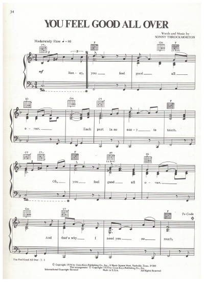 Picture of You Feel Good All Over, Sonny Throckmorton, recorded by T. G. Sheppard, sheet music