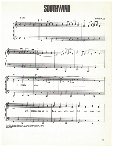 Picture of Southwind, written & recorded by Johnny Cash, sheet music