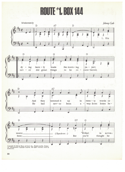 Picture of Route #1 Box 144, written & recorded by Johnny Cash, sheet music