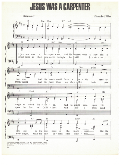 Picture of Jesus Was a Carpenter, Christopher S. Wren, recorded by Johnny Cash, sheet music