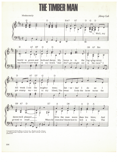 Picture of The Timber Man, written & recorded by Johnny Cash, sheet music