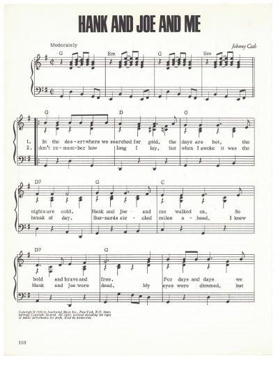 Picture of Hank and Joe and Me, written & recorded by Johnny Cash, sheet music
